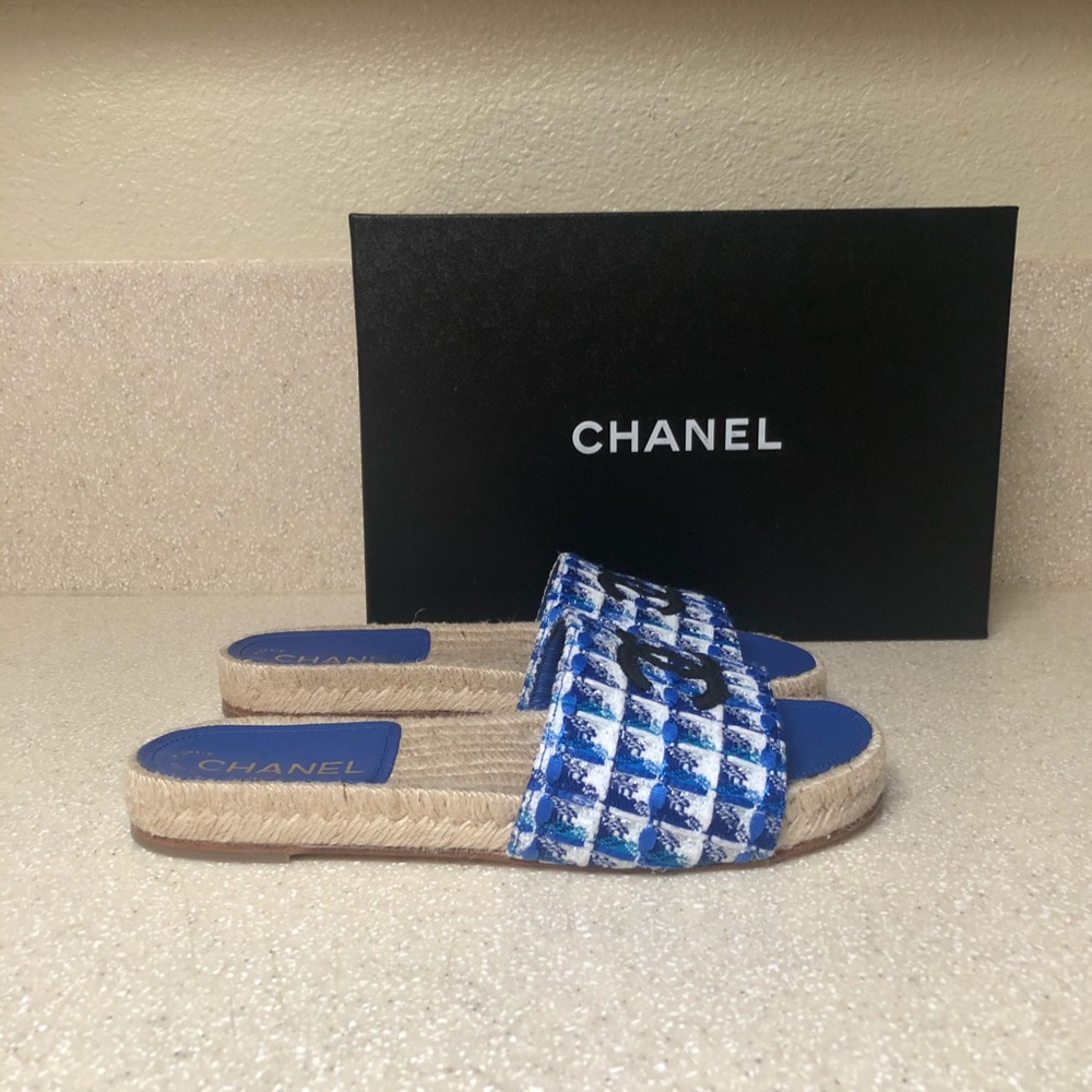 CHANEL Tweed Grosgrain CC Mule Blue Multi 37 / 7 - Picture 2 of 8